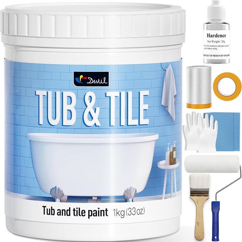DWIL Tub and Tile Refinishing Kit, Quick-Dry Tile Paint for Wall & Floor, Sink Bathtub Paint for Bathroom, Kitchen, Toilets, Water Based, Semi-Gloss White, 50-55sq.ft, 33oz - Image 1
